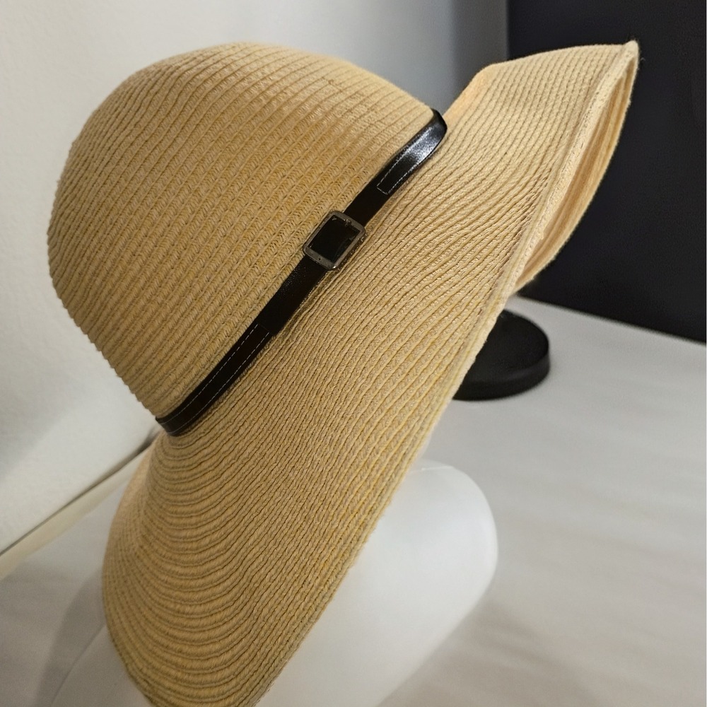 Womens Wide Brim Floppy Straw Sun Hat Tan Paper Braid Buckle Band Summer Beach